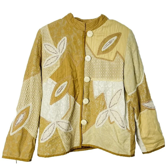 Indigo Moon Womens Jacket Sz S Patchwork Embroidered Brown Boho Button Up Artsy - Picture 1 of 10